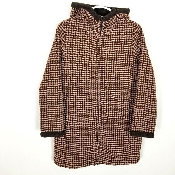 Uniqlo Women Zip Up Hooded Fleece Jacket Sz L Brown Houndstooth Outdoor - Picture 1 of 6